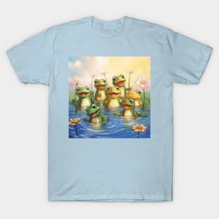 Funny frog sit and song on a lotus leaf in the pond T-Shirt